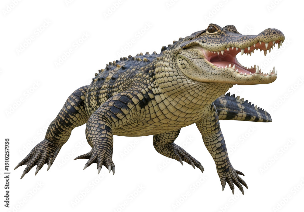 Fototapeta premium A menacing crocodile with its mouth open, showcasing sharp teeth, isolated on transparent background
