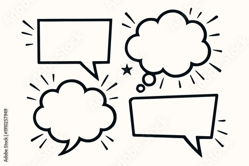 Set of four comic style speech bubbles and thought bubbles.