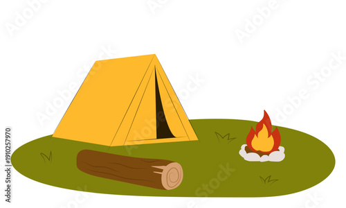 Flat vector illustration of camping outdoors. Mountains, campfire, tent, nature, camper, trees, coffee, backpack, guitar, kettle, boiler, tea, silence, calm, peace, marshmallows on fire