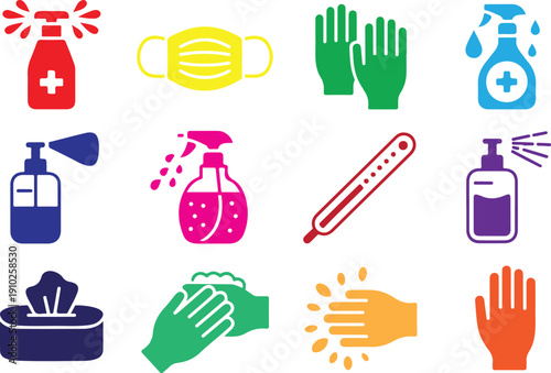A set of black and white medical and hygiene icons arranged in a grid layout.
