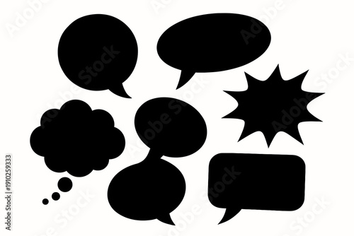 Collection of black speech bubbles and thought bubbles for communication and expression.