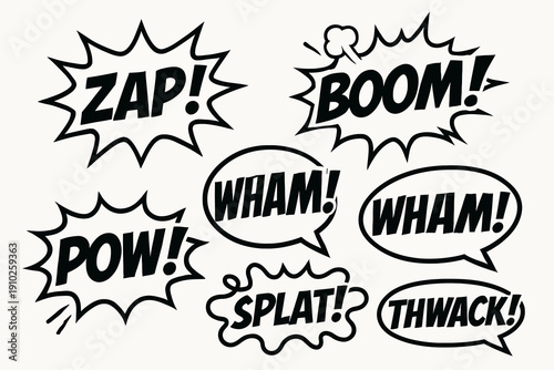 Comic Book Sound Effects Words ZAP BOOM WHAM POW SPLAT THWACK.