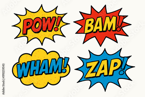 Vibrant collection of retro comic book sound effect words.