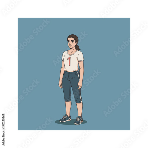 Young woman in sports attire standing confidently on blue background with copy space