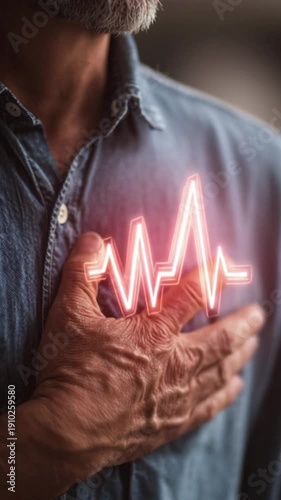 Human heart anatomy 3D illustration with glowing red markers representing heart attack, myocardial infarction, and cardiovascular disease, medical science visualization for healthcare, vertical.