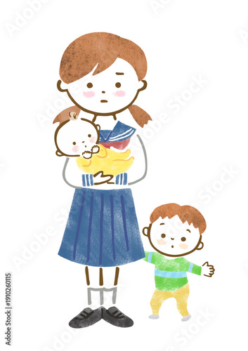 厳しい表情で赤ちゃんを抱っこするセーラー服姿の女の子と、幼い男の子のイラスト