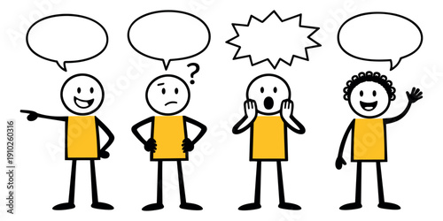Line art stick figures set featuring diverse characters with speech bubbles for expressing emotions and ideas