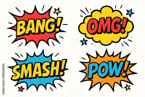 Comic book style action words in vibrant colors with star accents.