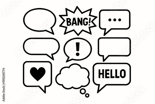 Collection of various speech bubbles and thought clouds for communication and expression.
