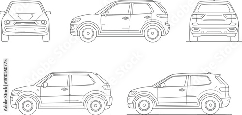 Line Art Technical Illustration of Compact SUV Crossover Blueprint with Front Side and Rear View Orthographic Drawings Isolated on White Background for Automotive Design