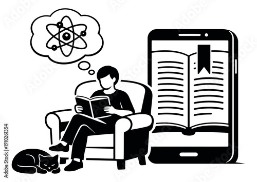 Line art illustration of a person reading a book and using an e-reader depicting learning and scientific thought for education