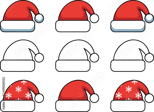 A set of 9 Santa hats arranged in a 3x3 grid. The top row shows three solid red Santa hats with light blue brims and white pom-poms.