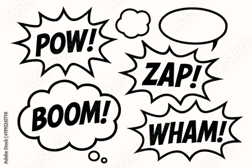 Comic book sound effects in speech bubbles, action words, graphic design elements.