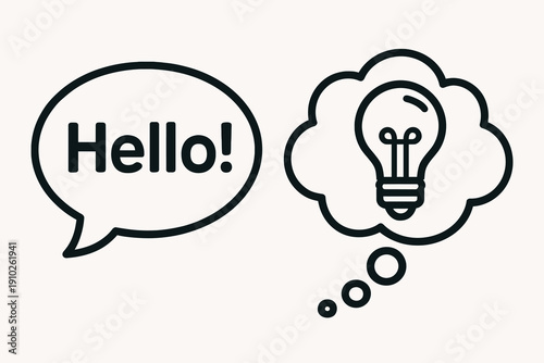 Speech bubble with Hello and thought bubble with lightbulb idea.