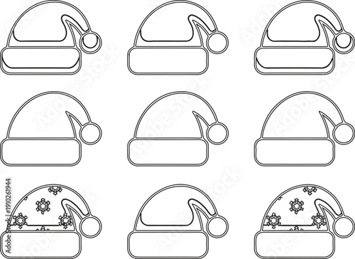 A set of 9 Santa hats arranged in a 3x3 grid. The top row shows three solid red Santa hats with light blue brims and white pom-poms.