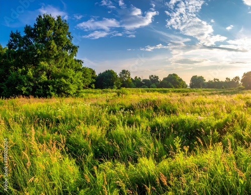 Sunlit meadow with tall grass, trees, and clouds