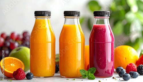 Vibrant fruit juices in clear bottles, garnished with fresh produce