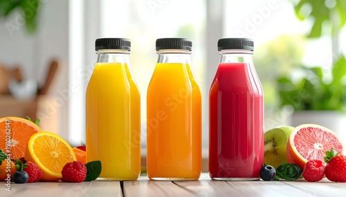 Three colorful fruit juices in glass bottles with fresh fruit