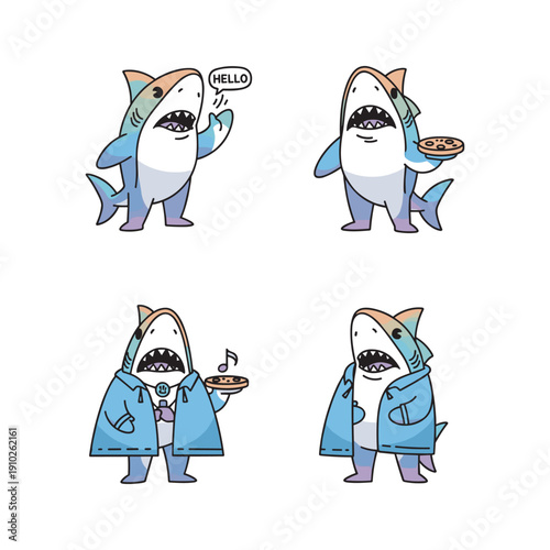 Cartoon shark character in various human-like actions with a humorous twist
