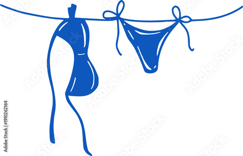 Blue Bikini On Clothesline Doodle Illustration Hand  drawn