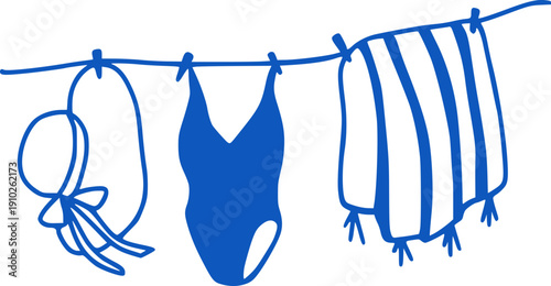 Hand Drawn Swimwear and Towels on Clothesline Outline 