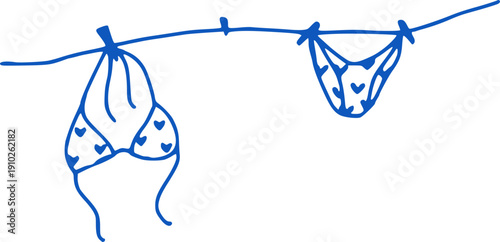 Blue Bikini Drying on a Clothesline Outline Hand drawn