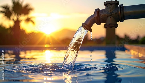 Water flows from pipe into pool at sunset