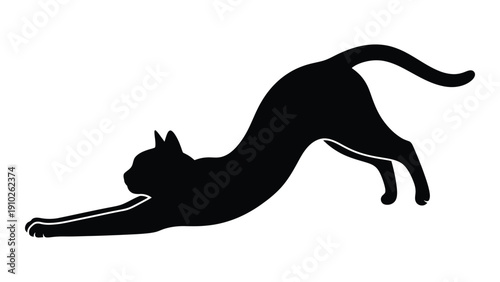 A sleek black cat mid-leap with its tail extended and front paws stretched out. isolated on white background, Vector