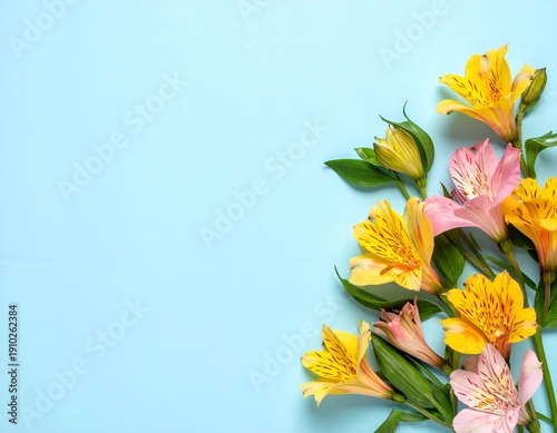 Vibrant yellow and pink lilies arranged on a soft blue backdrop