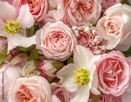 Soft pastel pink roses and hellebores bouquet