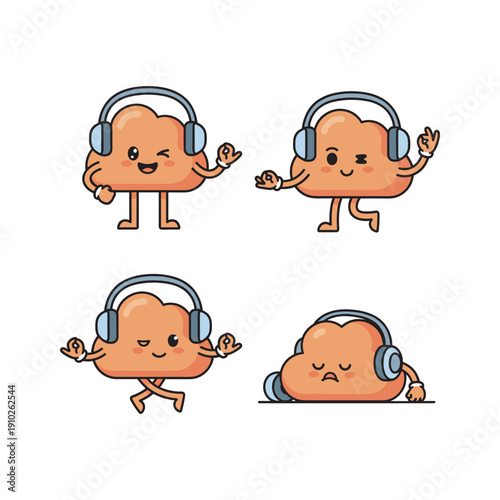 Cartoon cloud characters with headphones dancing and relaxing on white background