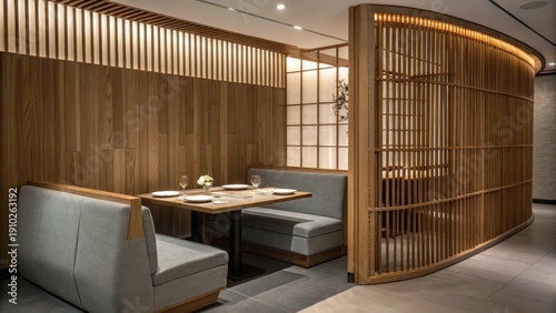 Modern Japandi restaurant interior with wooden booths and lattice dividers