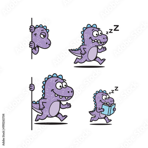 Cartoon dinosaur exercising and relaxing with a mug, happy and playful mood