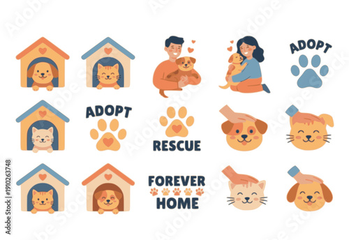 Adopt Don't Shop Rescue Set - Flat Whimsical Dog and Cat Shelter Illustrations Isolated on White