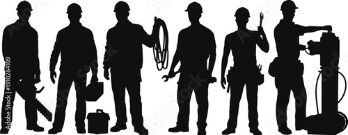 Industrial worker silhouettes with welding and repair equipment, professional technicians isolated on white background