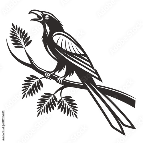 A bird perched on a branch with leaves Vector