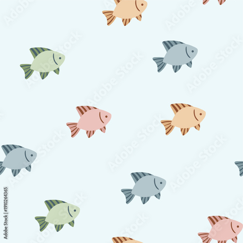 Cute fish in various colors. Pastel children's seamless vector design for textile printing, wrapping, backgrounds, and other uses.