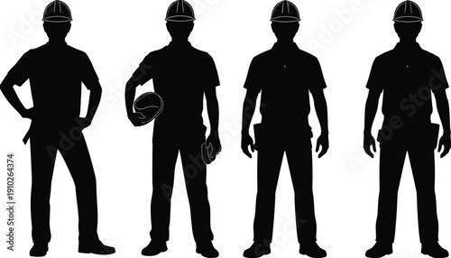 Construction engineer silhouettes with helmets, professional builders isolated on white background