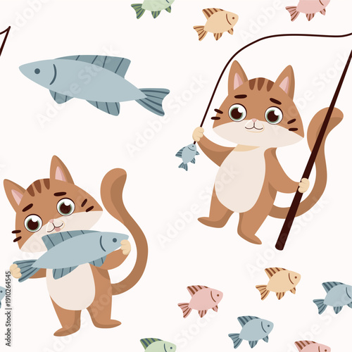 Children's seamless pattern with cute cats holding fishing rods and fish on a beige background. Vector illustration. Children's textiles.