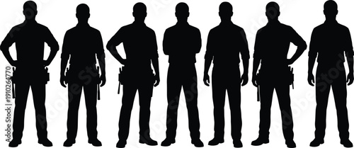 Construction worker silhouettes team standing together, professional builders isolated on white background