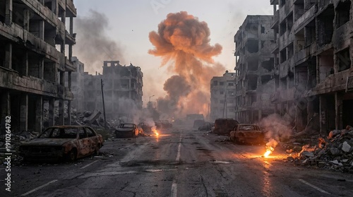 Empty city street with building ruins and dramatic explosion concept. Devastated cityscape showcasing destruction and aftermath of conflict.