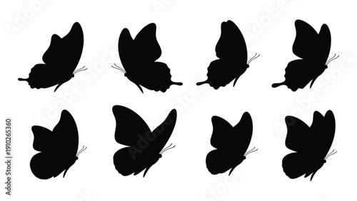 Eight black silhouette butterflies in various poses and orientations isolated on white background, Vector