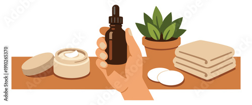Flat illustration skincare set featuring a hand holding a dropper bottle, cream, towels, and a plant for beauty routine