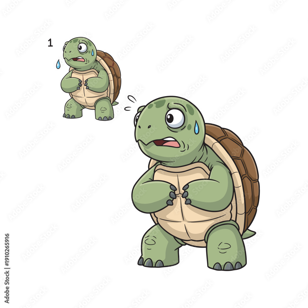 Obraz premium Stressed cartoon turtle sweating and anxious in a humorous illustration with copy space