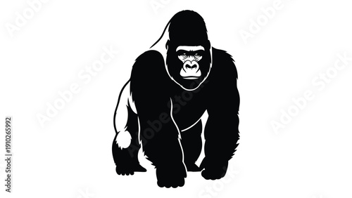 A detailed black and white illustration of a gorilla in a crawling position. isolated on white background, Vector