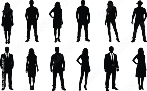 Diverse group of professional men and women silhouettes standing in various poses including business suits casual wear and stylish outfits