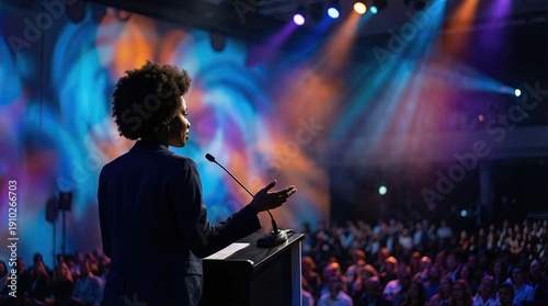 Silhouette of African American woman speaking at business dais concept. Dynamic speaker engaging an audience with vibrant lighting.