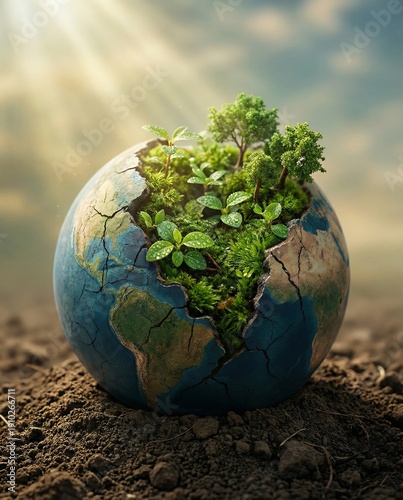 Earth globe with green plants growing from cracked surface in sunlight  