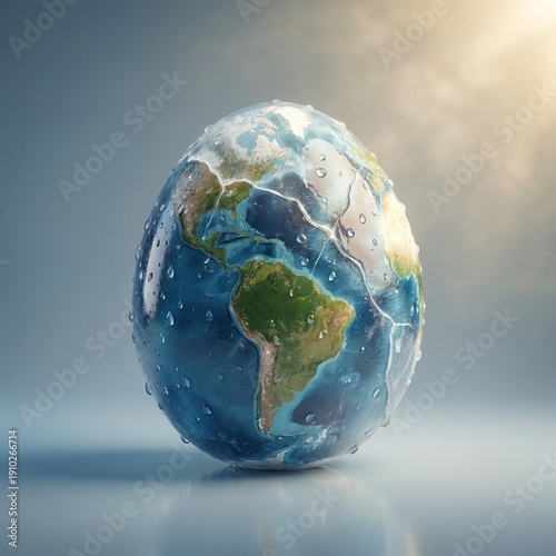 Earth globe in egg shape with water droplets and sunbeam background  