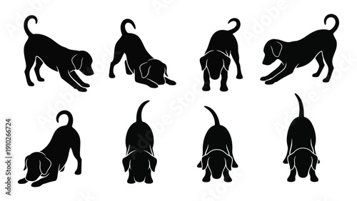Eight black silhouettes of cats in various playful and sitting positions isolated on white background, Vector